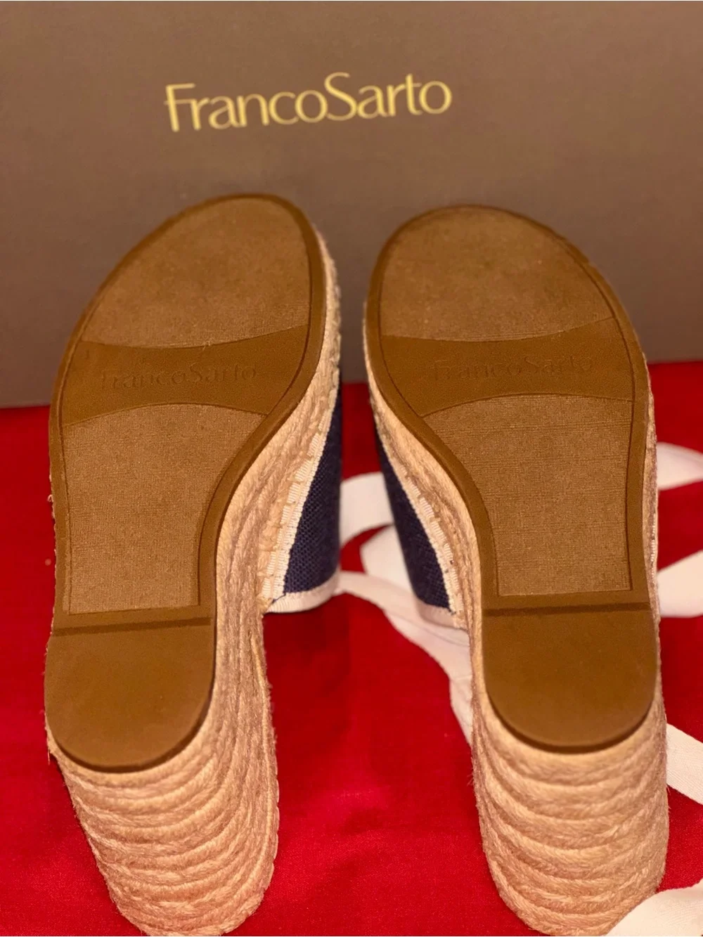 Franco Sarto Navy Canvas Sierra Espadrille Wedge with Cream Ankle Ties NIB 9.5M